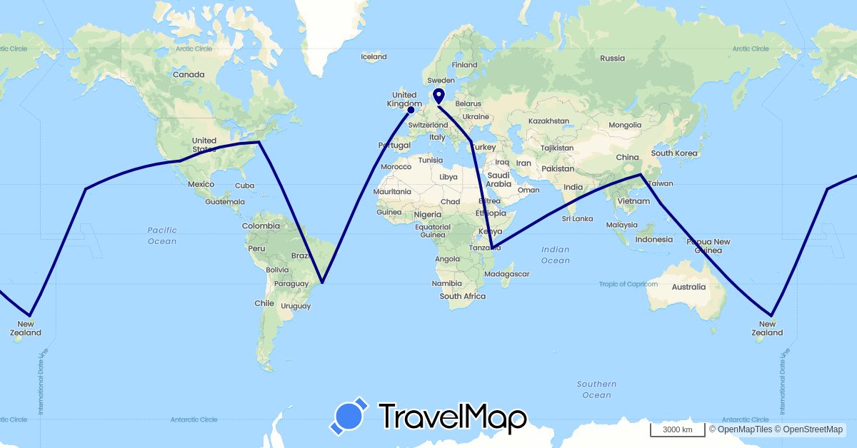 TravelMap itinerary: driving in Brazil, China, Germany, United Kingdom, New Zealand, Philippines, Turkey, Tanzania, United States (Africa, Asia, Europe, North America, Oceania, South America)